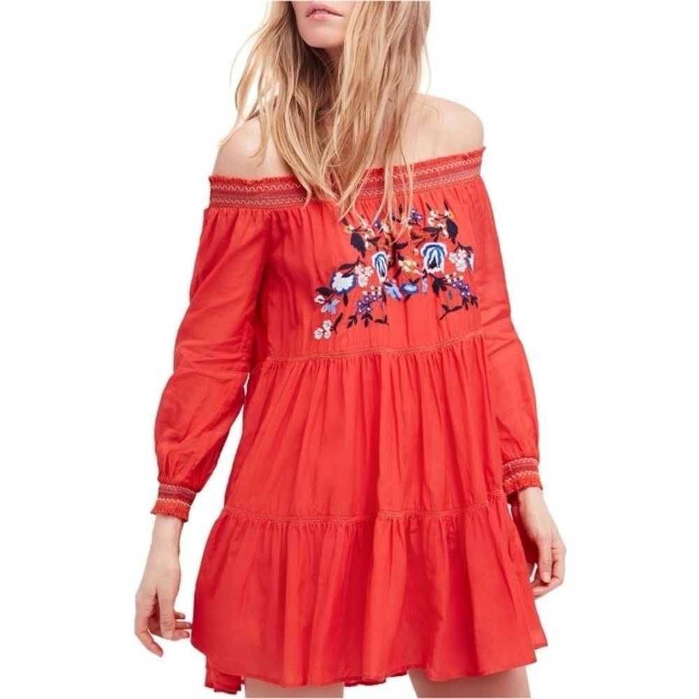 Free People Sunbeams A-Line Embroidered Dress Red  Womens Size S